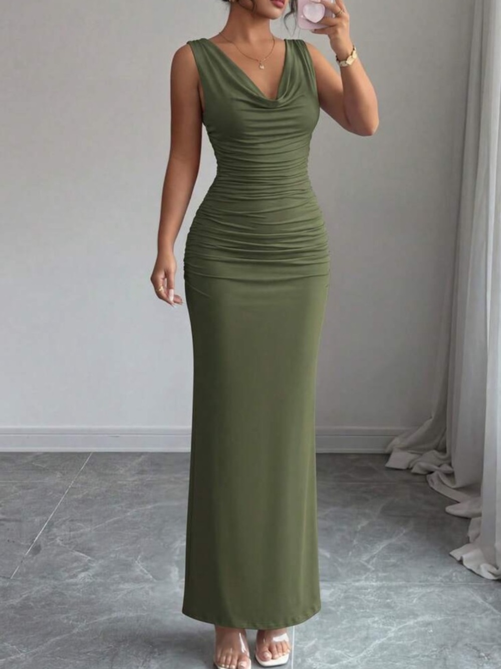 Sleeveless Green Ruched Cowl Neck Maxi Dress - Picture 4 of 5